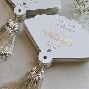 Aangepaste trouwroute Papieren fans met locatieillustratie, bedrukte trouwfans, fans met kwastjes, trouwbedankjes, trouwroute