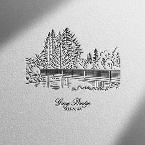May include: A black and white line drawing of a bridge over water, with trees in the background. The text "Gray Bridge" and "Sultan, WA" is below the bridge.
