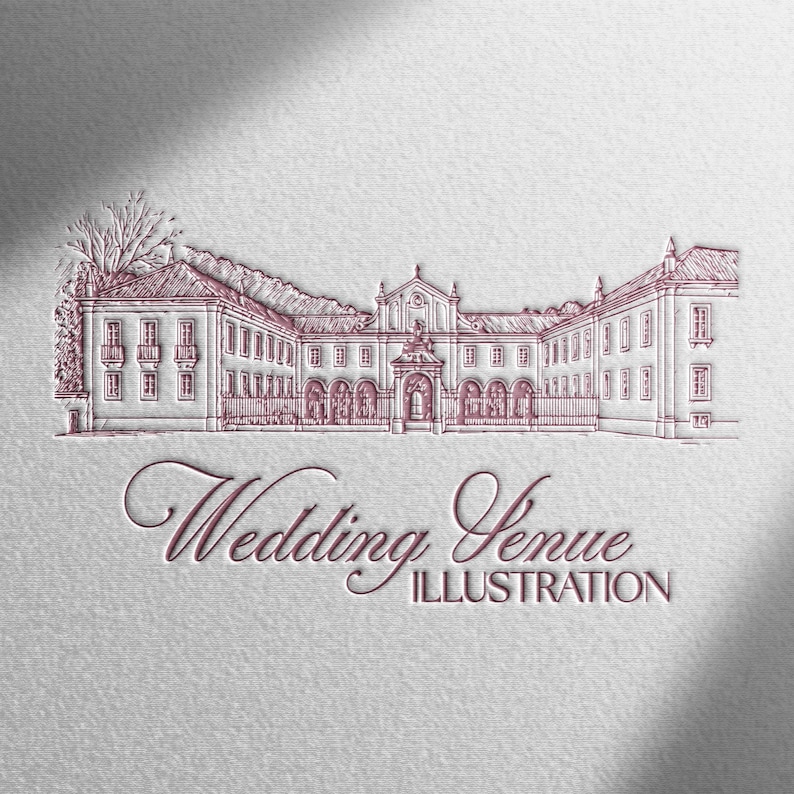 May include: A detailed illustration of a wedding venue in a classic architectural style. The image features a large building with multiple windows, a detailed facade, and the text "Wedding Venue Illustration" in a decorative font.