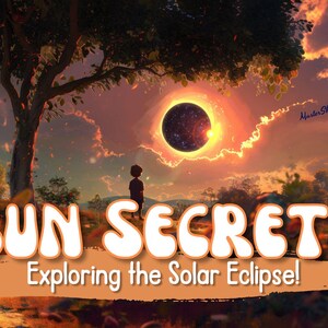 May include: A digital illustration of a solar eclipse with a person standing in front of it. The text "SUN SECRETS Exploring the Solar Eclipse!" is written in a white, bubbly font on a brown background.