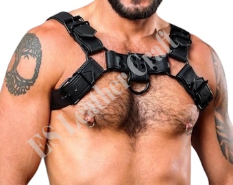 Black Leather Chest Harness: Adjustable Shoulder Belt