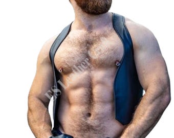 Handmade Leather Bar Vest Men: Open Front Bartender Vest