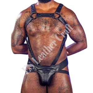 Men's Leather Harness and Jockstrap Set - Black Adjustable Chest Harness with Buckle Straps - Fetish, Rave, and Clubwear Outfit