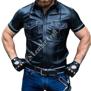Men Classic Style half  Sleeve Leather Shirt Black Leather Shirt Gift For Him, Genuine Leather Shirt - Handmade Real Leather Shirt