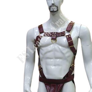 Men&#39;s Genuine Maroon & Black Leather Harness and Jockstrap with Golden Accessories, Handmade Leather Bulldog Barbarian Harness and Jockstrap