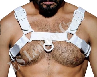 Handcrafted White Leather Chest Harness: Edgy Outfit Accessory