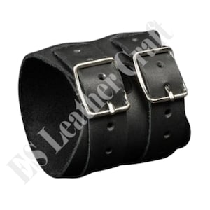 Leather cuff bracelet double buckled, Wide cuff bracelet Black, Black leather wrist cuff, Handmade leather bracelet