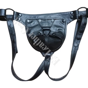 Schwarzer Leder Jockstrap: Abnehmbarer Codpiece, verstellbare Träger