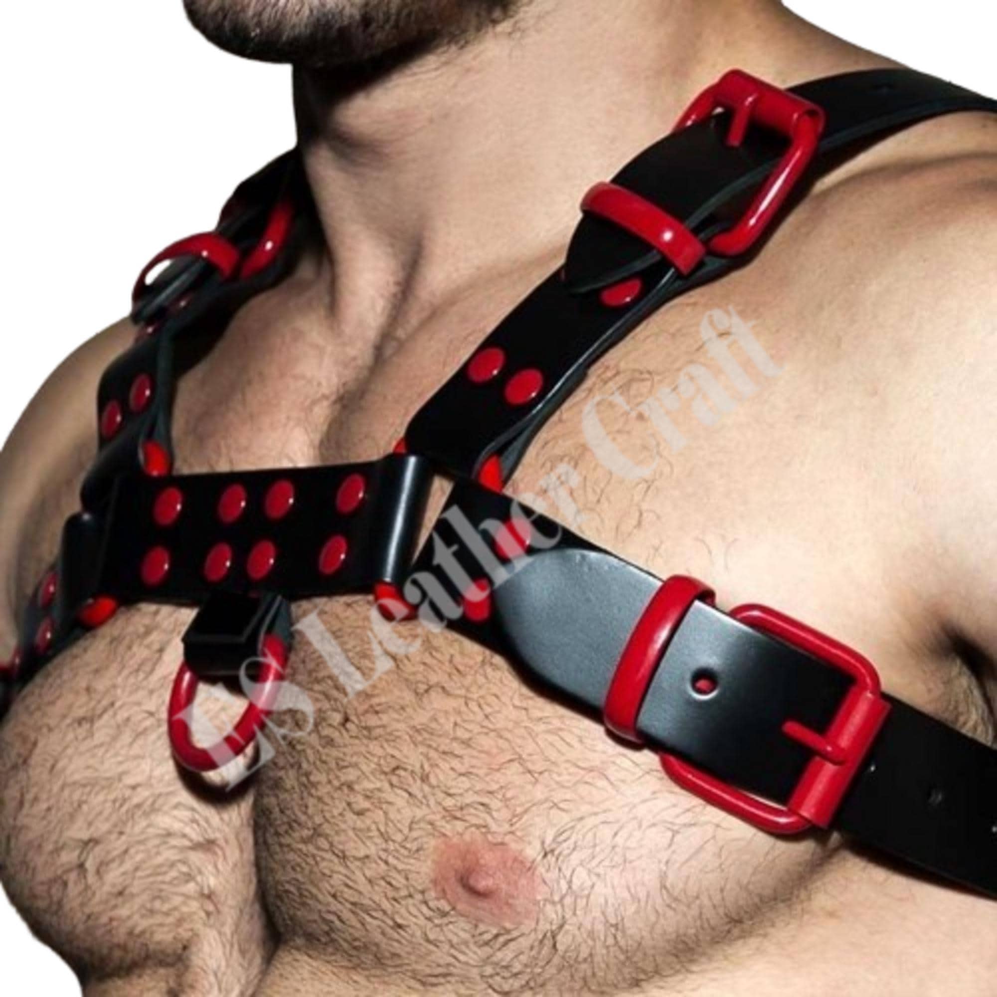 Handcrafted Black Leather Chest Harness: Edgy Red Accent Outfit