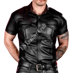 Handmade Genuine Leather Men&#39;s Half Sleeve Shirt - Black