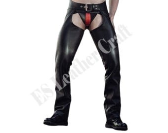 Handmade Cowhide Leather Chap: Black with Red Accent