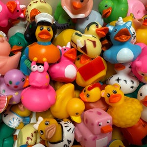 May include: A collection of colorful rubber duck toys in various designs. The ducks are in shades of yellow, pink, blue, and green, with some wearing hats or having unique features like horns or crowns. The toys are a mix of sizes and shapes.