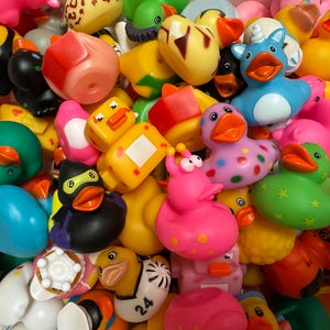 May include: A vibrant assortment of rubber duck toys in various colors and designs. The collection includes ducks in shades of yellow, pink, green, blue, and black, some with unique patterns and accessories. A playful and colorful collection.