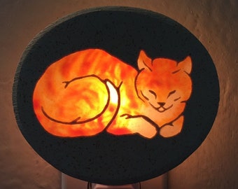 Sleeping and Purring Orange Cat  Large 4 watt Night Light with On/Off Switch