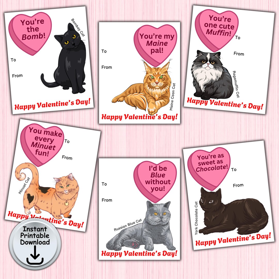 Valentine's Day Classroom Valentine Cards With Cat Breeds for Cat Lover ...