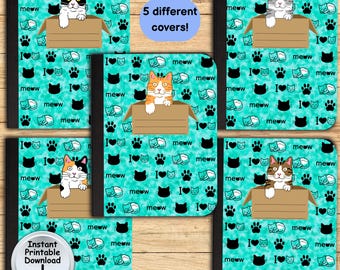 5 I Love Cats Composition Notebook Covers for Cat Lover Journal, Printable DIGITAL DOWNLOAD