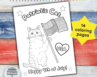 4th of July Coloring Pages for Independence Day Party of Patriotic Cat Lover, Printable DIGITAL DOWNLOAD