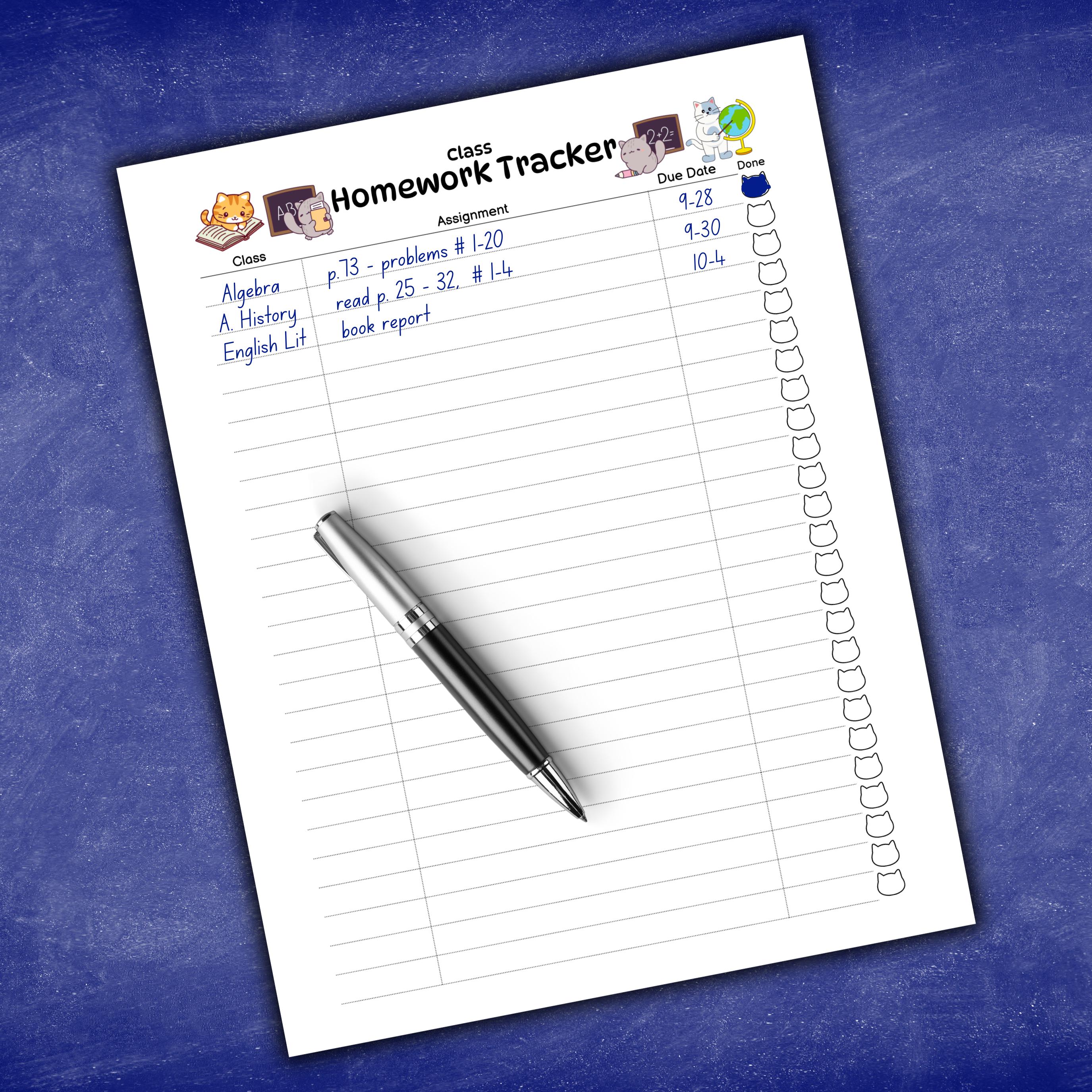 Homework Tracker, Student Planner Page, Assignment Log, Homework ...