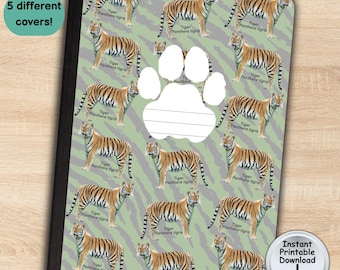 5 Big Cat Composition Notebook Covers (Tiger, Lion, Leopard, Jaguar, Snow Leopard) for Wild Cat Lover Journal, Printable DIGITAL DOWNLOAD