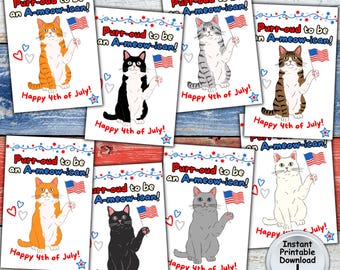 Happy 4th of July Tag with Patriotic Cat for Independence Day, Printable DIGITAL DOWNLOAD