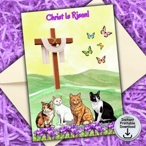 Carte de Pâques, le Christ est ressuscité, carte de Pâques de chat, carte de Pâques chrétienne, carte d'amant de chat, téléchargement numérique imprimable
