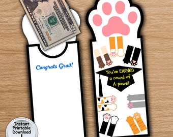 Cat Paw Graduation Money Holder for Cat Lover, Printable DIGITAL DOWNLOAD