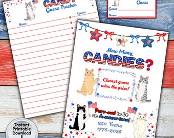 250th Anniversary 4th of July Candy Guessing Game for Patriotic Party of Cat Lover, Printable DIGITAL DOWNLOAD