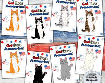 Happy 4th of July Tag with Patriotic Cat God Bless A-meow-ica for Independence Day, Printable DIGITAL DOWNLOAD