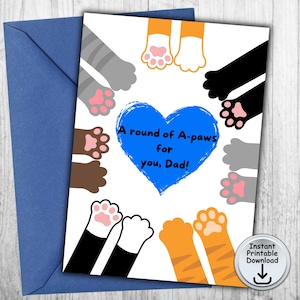 Carte de fête des pères pour un papa ou un papa chat, pattes A rondes, bébé en fourrure, amoureux des chats, jeu de mots pour chat, porte-cartes cadeau ou argent, TÉLÉCHARGEMENT NUMÉRIQUE imprimable