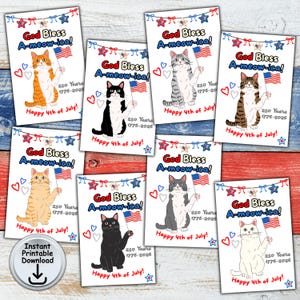Étiquette joyeux 4 juillet 250e anniversaire avec chat patriotique que Dieu bénisse A-miaou-ica pour le jour de l'indépendance, TÉLÉCHARGEMENT NUMÉRIQUE imprimable