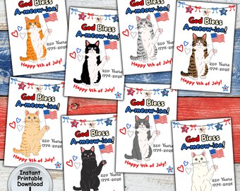 250th Anniversary Happy 4th of July Tag with Patriotic Cat God Bless A-meow-ica for Independence Day, Printable DIGITAL DOWNLOAD