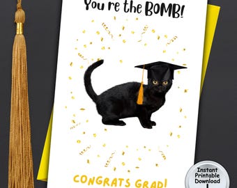 Bombay Cat Graduation Card for Black Cat Lover with Money or Gift Card Holder, Printable DIGITAL DOWNLOAD