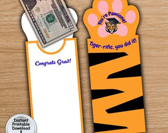 Tiger Paw Graduation Money Holder for Cat Lover, Printable DIGITAL DOWNLOAD