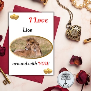 Tarjeta de león de amor (aniversario o San Valentín), tarjeta para amantes de los gatos, tarjeta con juego de palabras sobre gatos, tarjeta con foto de león, descarga digital imprimible