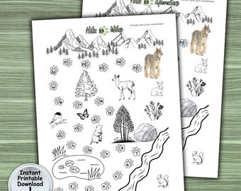 May include: Two printable activity sheets with a black and white nature theme. One sheet says "Hike 25 Miles" and the other says "Hike 25 Kilometers". The sheets feature illustrations of animals, trees, and a river.