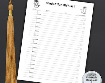 Graduation Gift List & Thank You Card Tracker for Cat Lover, Printable DIGITAL DOWNLOAD