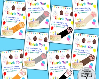 Könnte beinhalten: Eine Sammlung farbenfroher Geburtstagskarten mit Katzenpfoten-Motiv. Jede Karte zeigt einen Kuchen, Luftballons und den Text "Thank You for coming to my paw-ty and making it pawsome!"