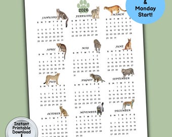Year-At-A-Glance Wild Cat Calendar 2026 for Cat Lover, Printable DIGITAL DOWNLOAD