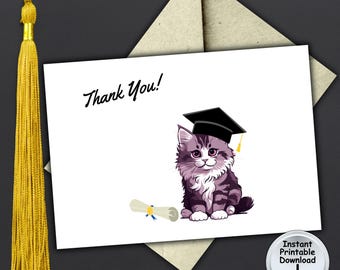 Cat Graduation Thank You Note Card from Cat Lover Grad, Printable DIGITAL DOWNLOAD