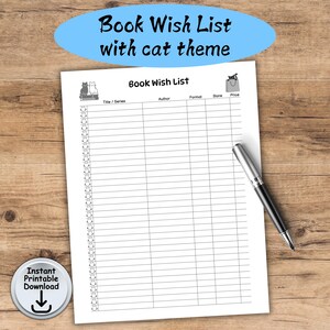 Buch Wunschliste mit Katze Thema, Lese Wunschliste, Buch Wunschliste Vorlage, Buchliebhaber, Katzenliebhaber, Printable DIGITAL DOWNLOAD