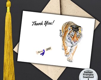 Tiger Graduation Thank You Note Card from Cat Lover Grad Class of 2026, Printable DIGITAL DOWNLOAD