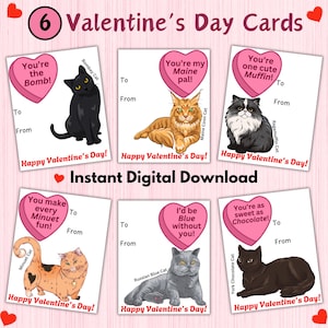 Carte de Saint-Valentin, races de chats, Saint-Valentin pour salle de classe pour enfants, étiquettes-cadeaux pour amoureux des chats, téléchargement numérique imprimable