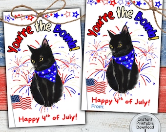 Happy 4th of July Tag with Patriotic Black Cat for Independence Day, Printable DIGITAL DOWNLOAD