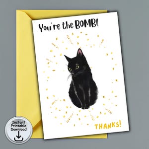 Carte de remerciement chat, carte Bombay pour amoureux des chats, tu es la bombe, carte chat noir, porte-cartes cadeau ou argent, téléchargement numérique imprimable