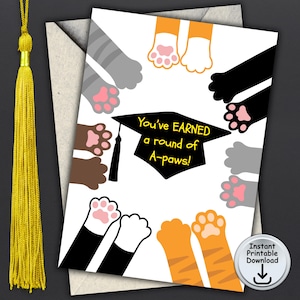 Cartão de formatura de gato, cartão de patas redondas, cartão de amante de gatos, cartão de trocadilho com gatos, porta-dinheiro ou cartão-presente, para impressão, DOWNLOAD DIGITAL
