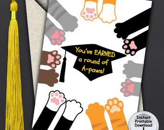 Graduation Cat Round of A-paws Card for Cat Lover with Money or Gift Card Holder, Printable DIGITAL DOWNLOAD