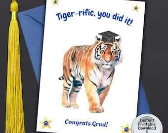 Tiger Graduation Card for Cat Lover with Money or Gift Card Holder, Printable DIGITAL DOWNLOAD