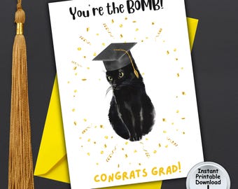 Cat Graduation Card for Bombay Black Cat Lover with Money or Gift Card Holder, Printable DIGITAL DOWNLOAD