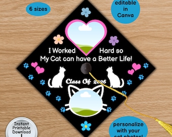 Custom Photo Graduation Cap Topper Editable Template for Cat Lover, Printable DIGITAL DOWNLOAD