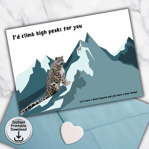 Tarjeta de amor (aniversario/cumpleaños/San Valentín) con gato, tarjeta de leopardo de las nieves, tarjeta divertida con gato, tarjeta con foto de leopardo de las nieves, descarga digital imprimible